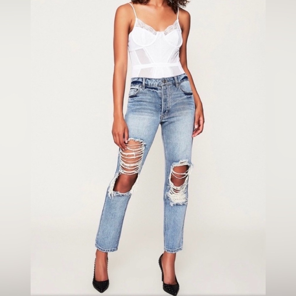 AFRM Boyfriend Blue Destroyed Button Fly High Rise Med Wash Ripped Jeans ☀️